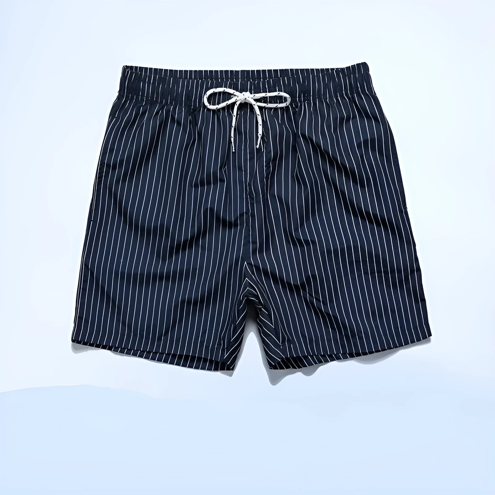 Polyester fibre beach shorts with straight leg and striped patterns in navy blue, grey, khaki or light blue