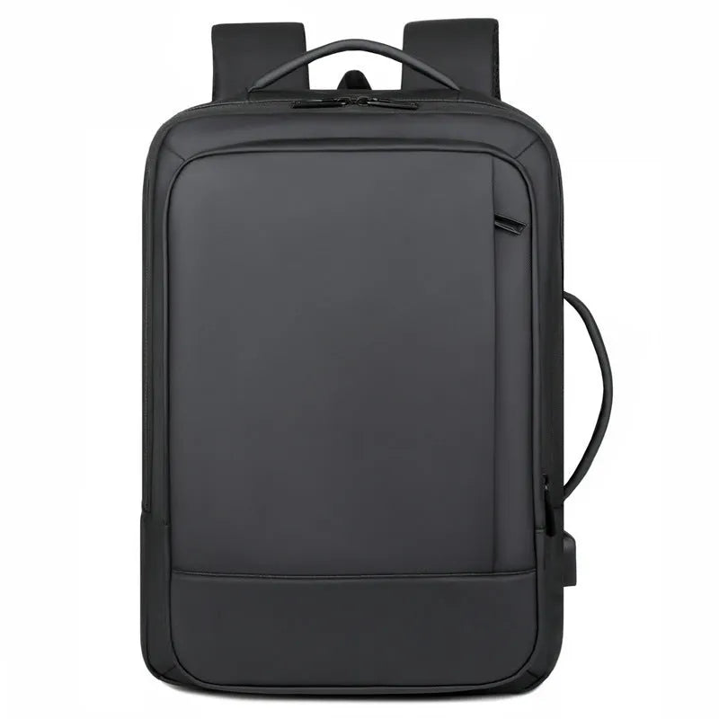 Black waterproof Oxford cloth business backpack with curved shoulder strap showing laptop compartment and 20-35L capacity.