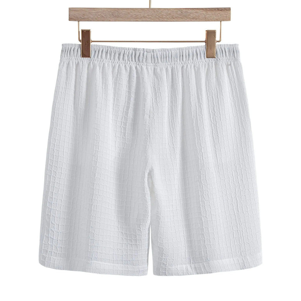Men's white cotton-blend jacquard short sleeve shirt and shorts casual suit set