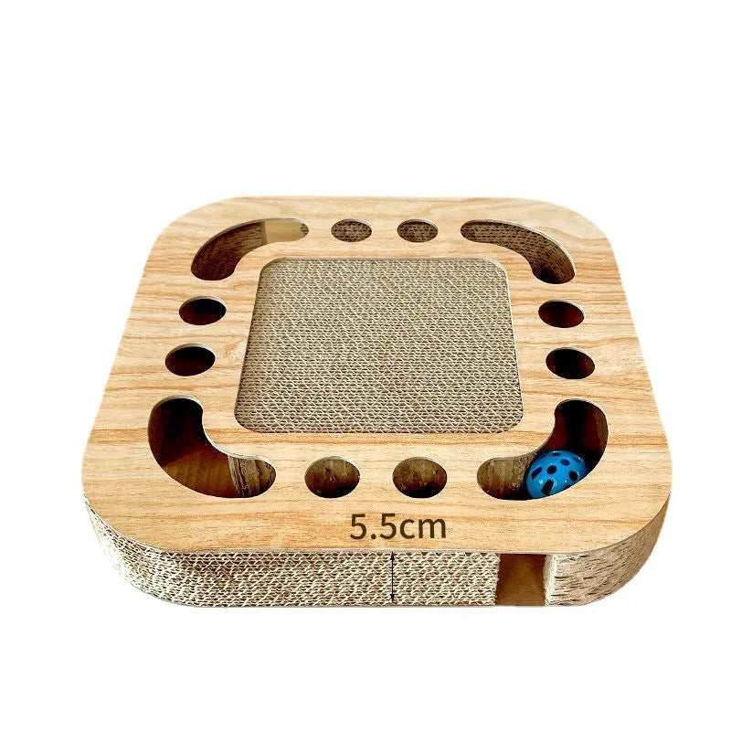 Cat scratch board with ball in wood grain disc style made of corrugated paper