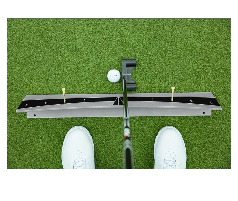 Adjustable golf putter trajectory balance simulator made from white PVC with a push rod balancer
