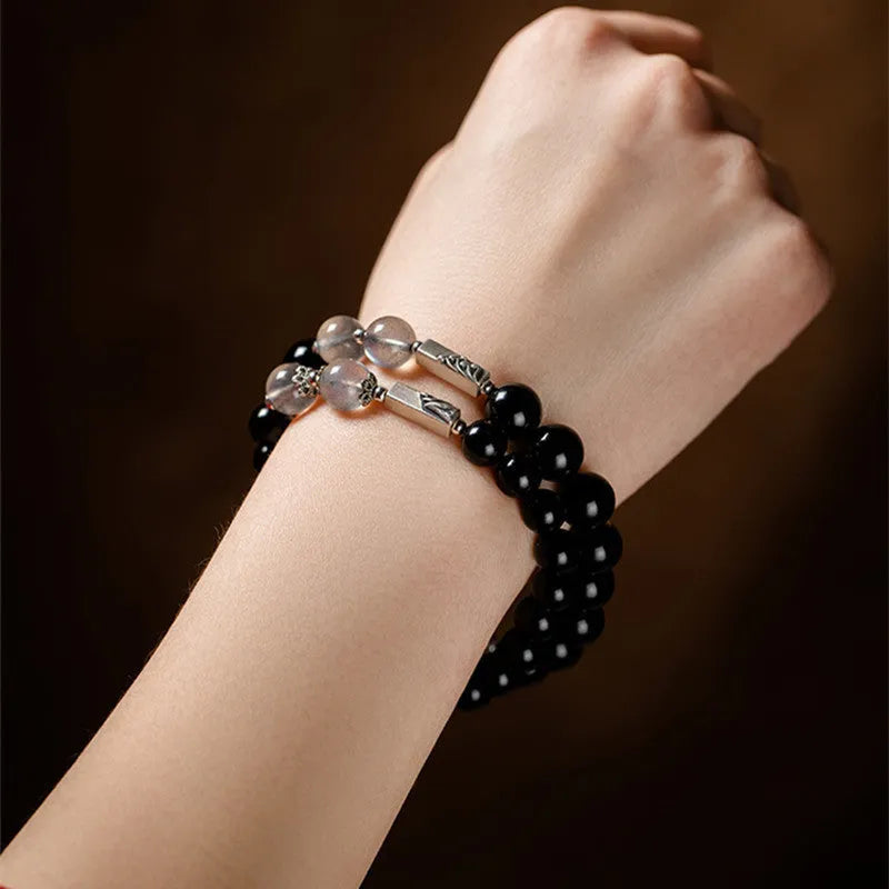 Obsidian Buddha beads couple bracelet DIY set showing 8mm and 10mm bead sizes
