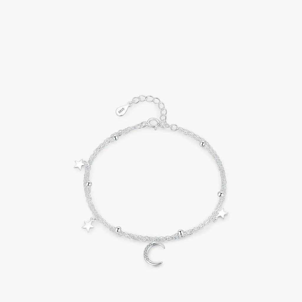 S925 sterling silver star moon double layer twin bracelet on white background