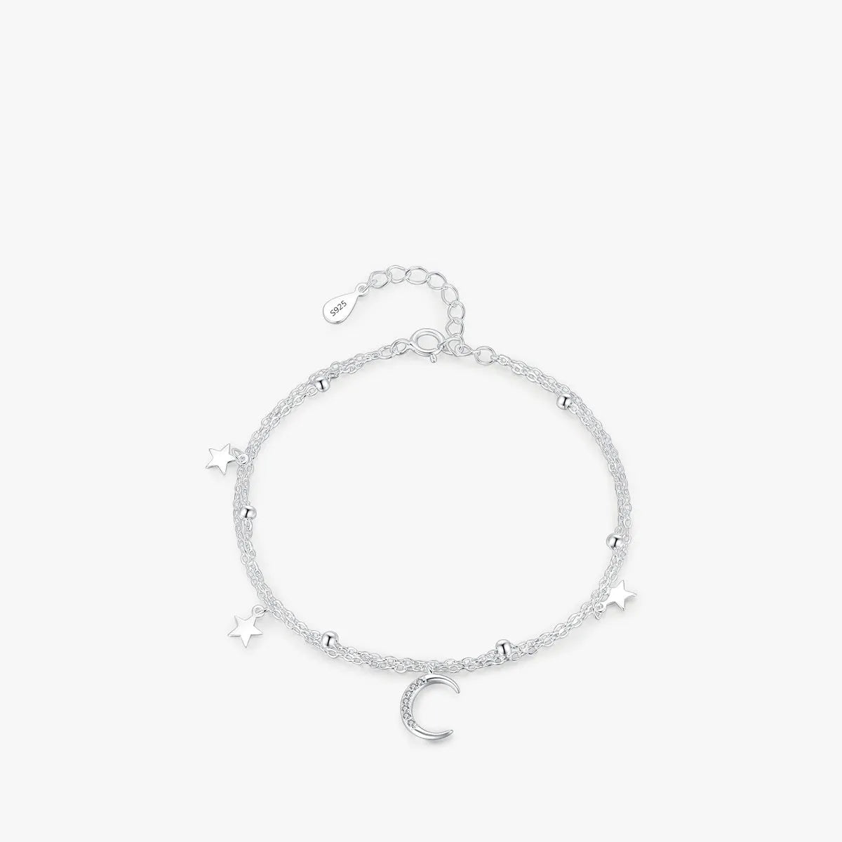 S925 sterling silver star moon double layer twin bracelet on white background