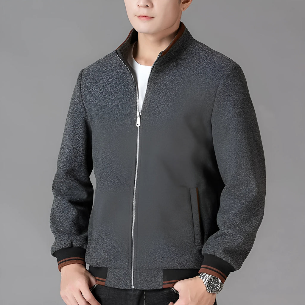 Men's gray polyester fleece autumn jacket with long sleeves and stick pocket