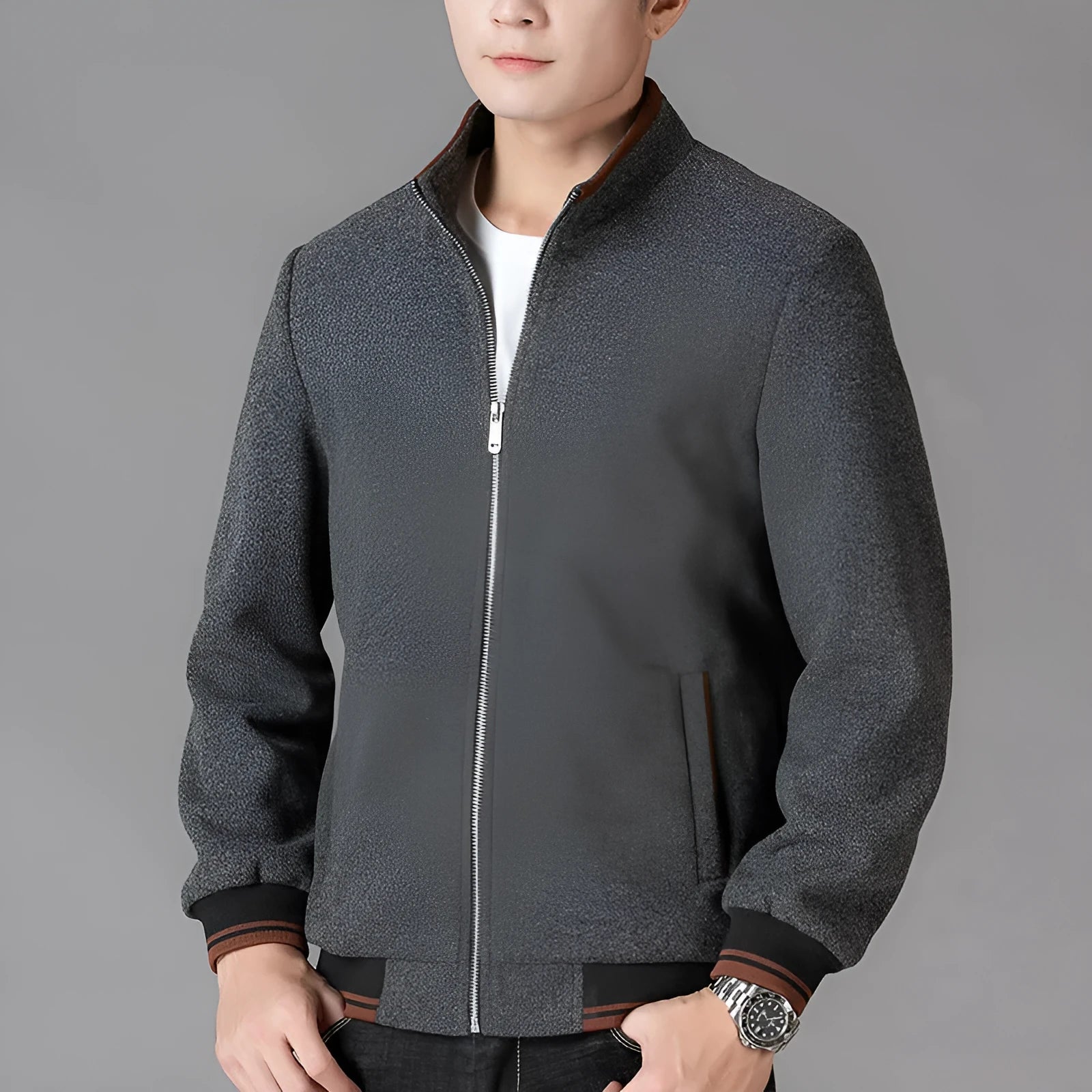 Men's gray polyester fleece autumn jacket with long sleeves and stick pocket