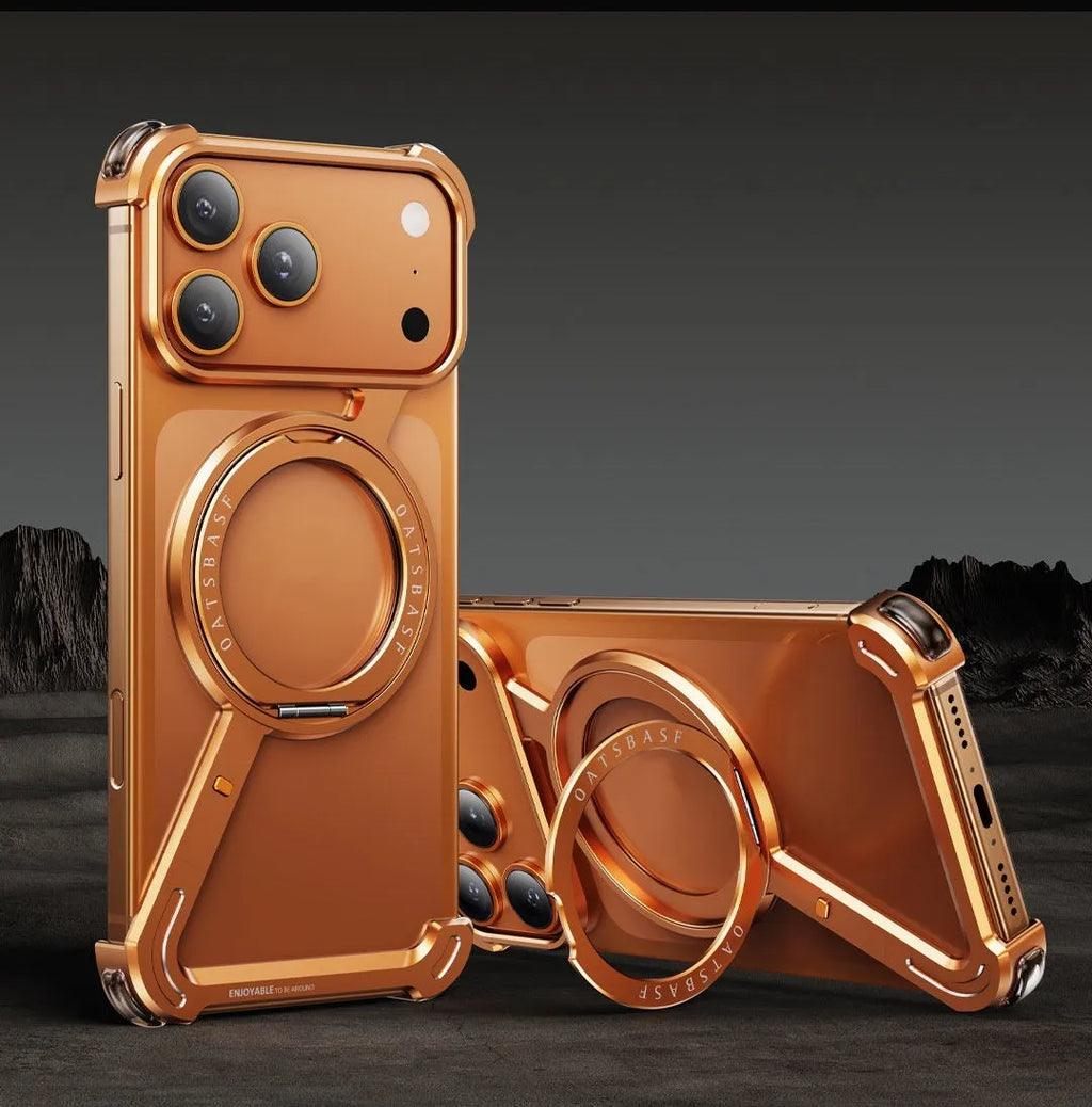 Black aluminium metal iPhone case for iPhone 17 Pro Max showing integrated magnetic bracket on back