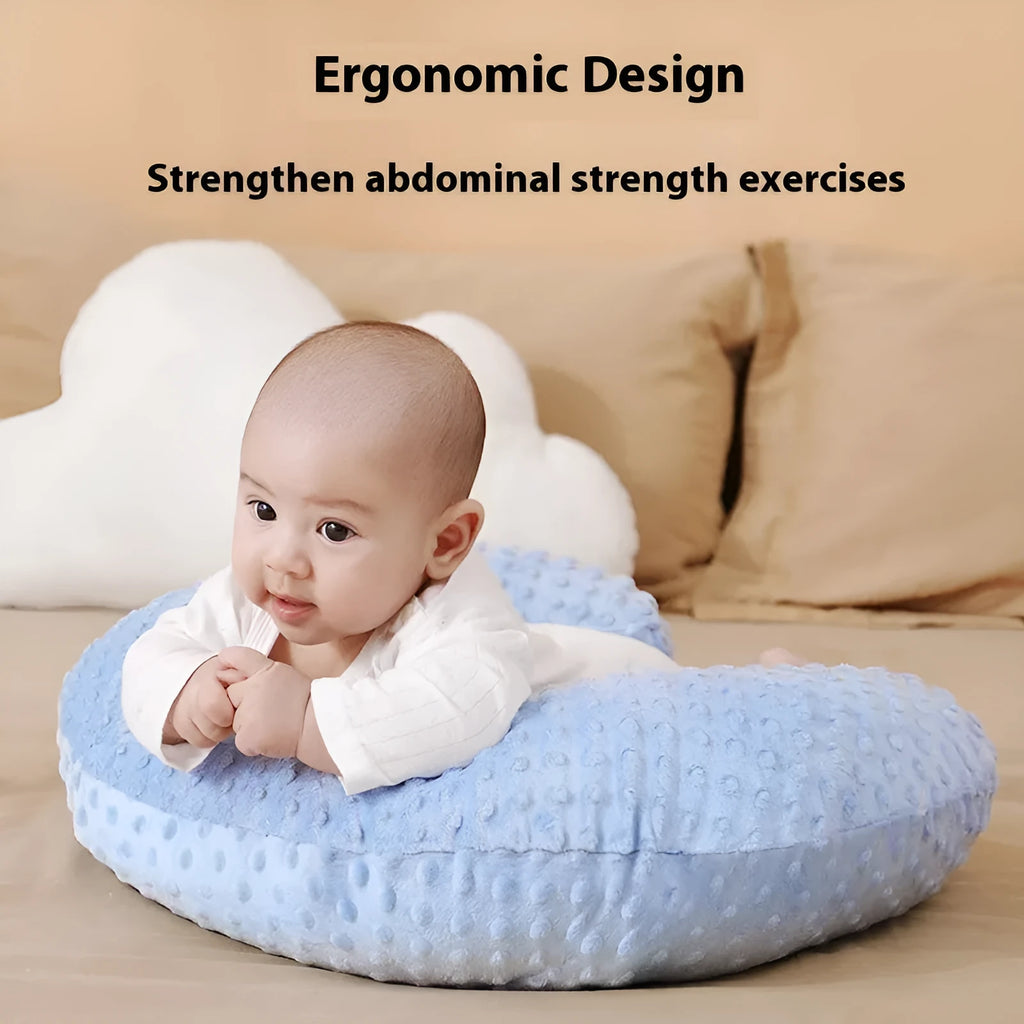 Nursing pillow with raised spill prevention edge in pink, yellow, grey, and light blue colour options
