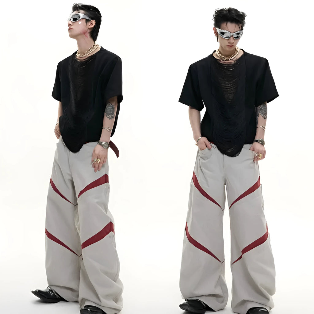 Men's black V-neck loose fit t-shirt with short sleeves and three-dimensional cutting