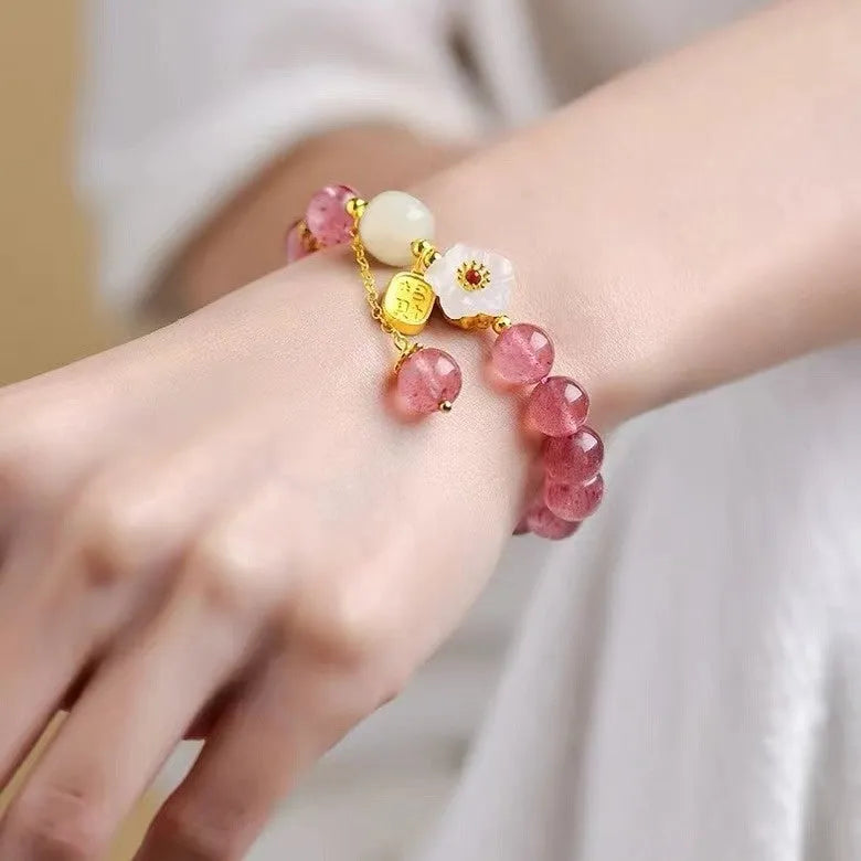 Natural strawberry quartz crystal bracelet for women handcrafted with green strawberry quartz moon design