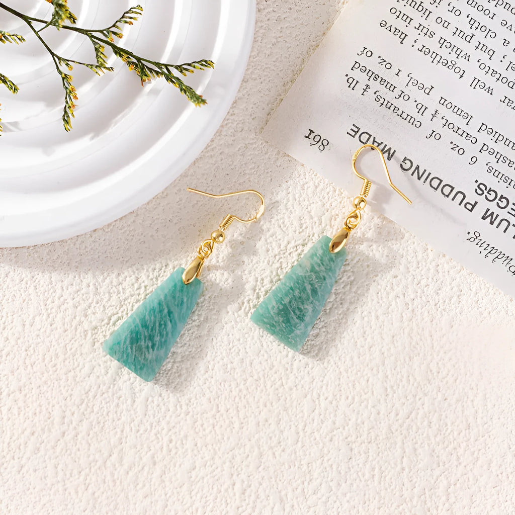 Amazonite rough stone trapezoid dangle earrings with gold or silver metal settings.