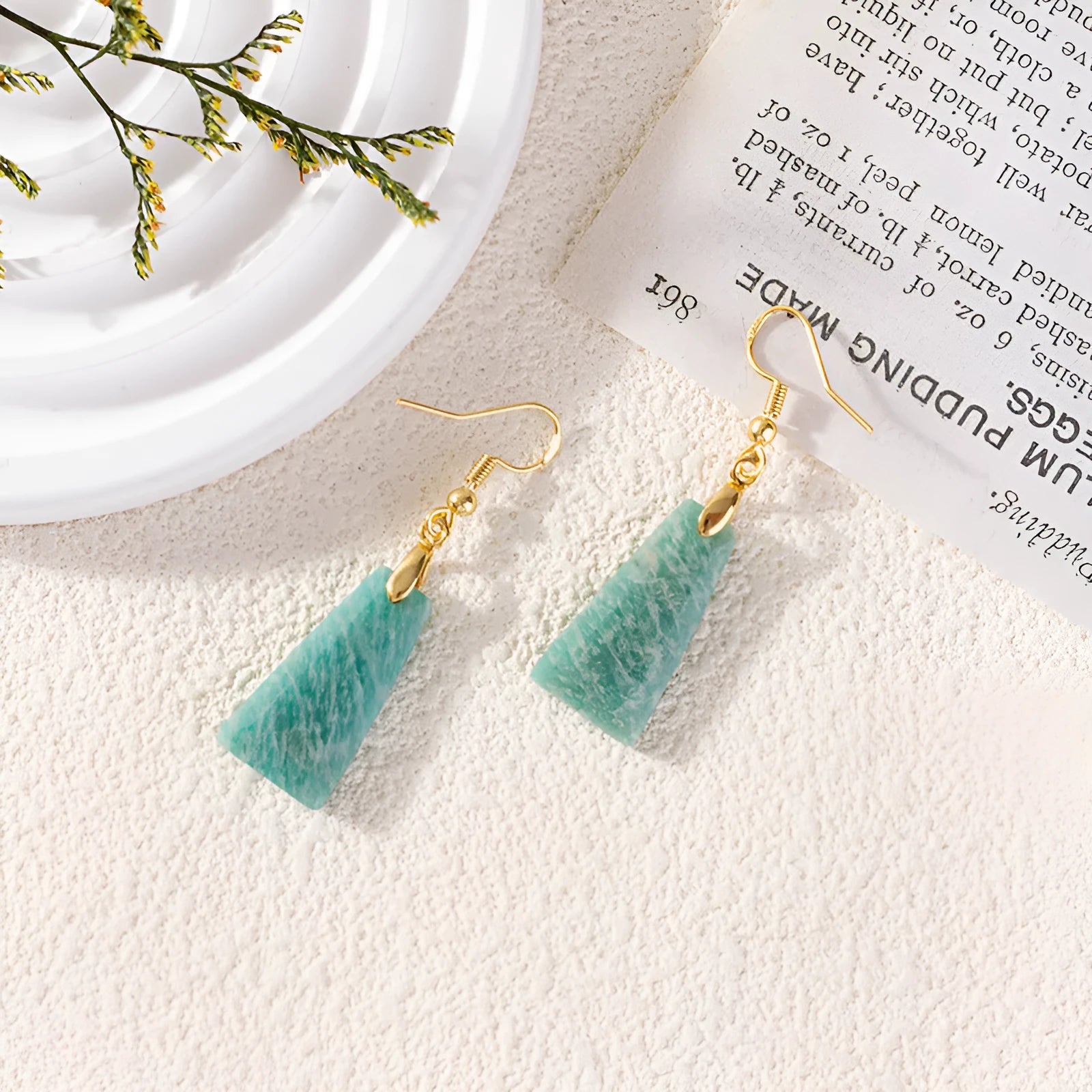 Amazonite rough stone trapezoid dangle earrings with gold or silver metal settings.