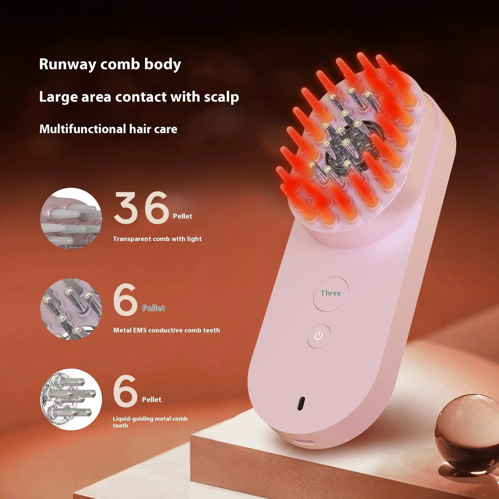 Smart massage comb with red light therapy in pink or black colour, under 10cm size