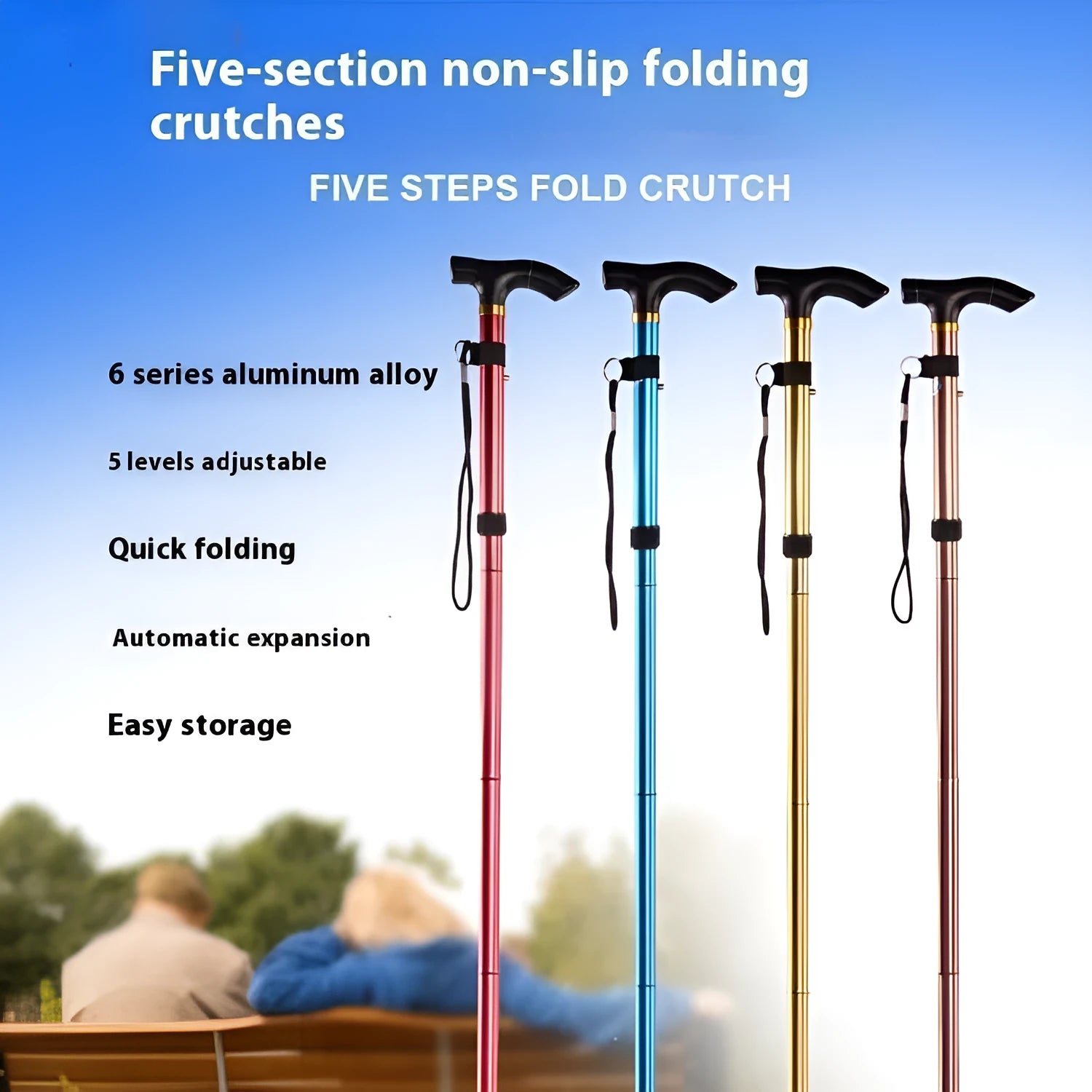 Aluminium folding walking stick with adjustable telescopic shaft and non-slip handle, shown in a selection of colours.