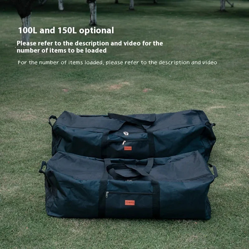 Large black waterproof storage bag for camping tents and folding chairs, shown with size dimensions.
