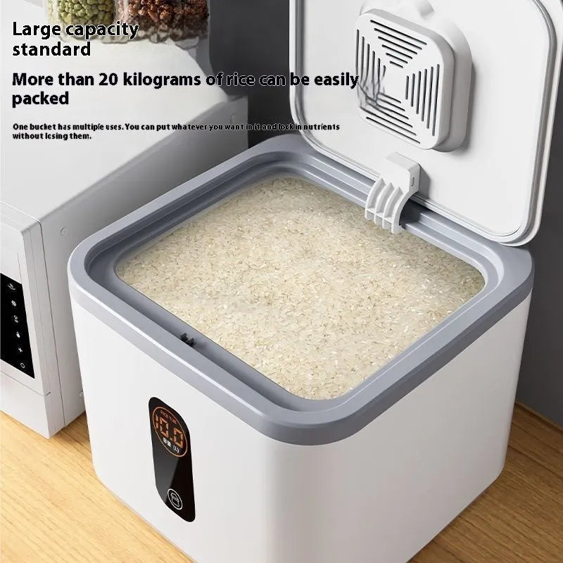 Grey plastic rice storage jar with sealed lid, shown with a free measuring cup, for 10kg 20kg or 30kg capacity.