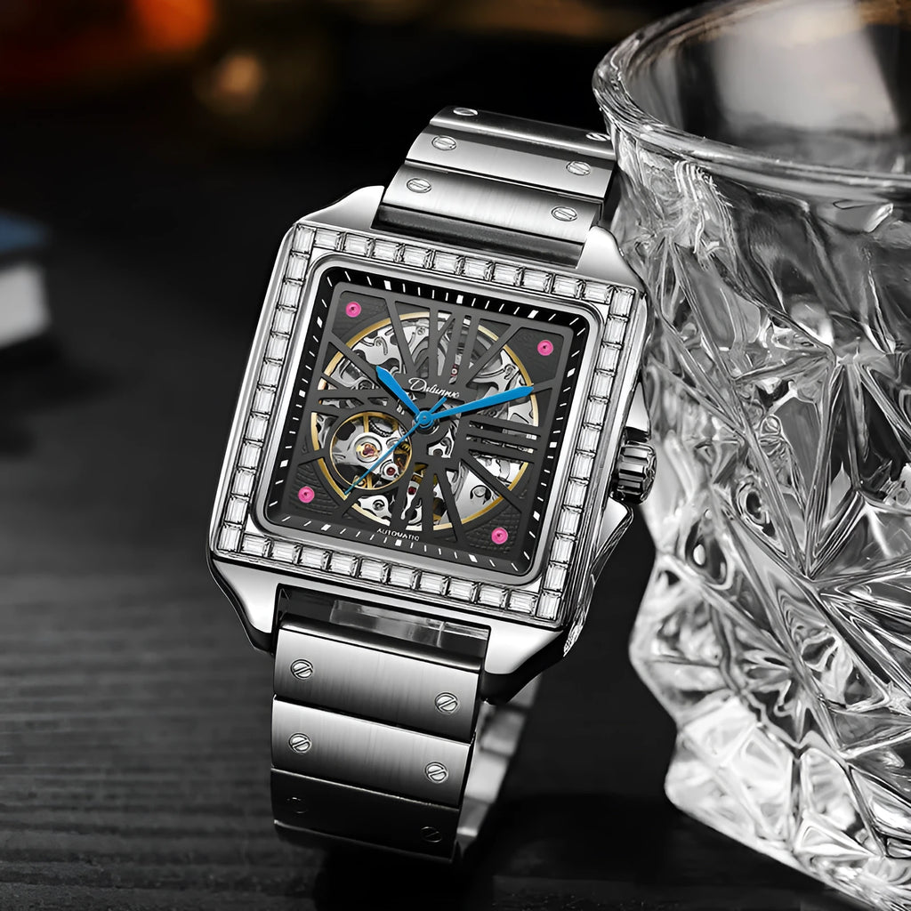 Men's square automatic watch with diamond-studded bezel on a black leather strap