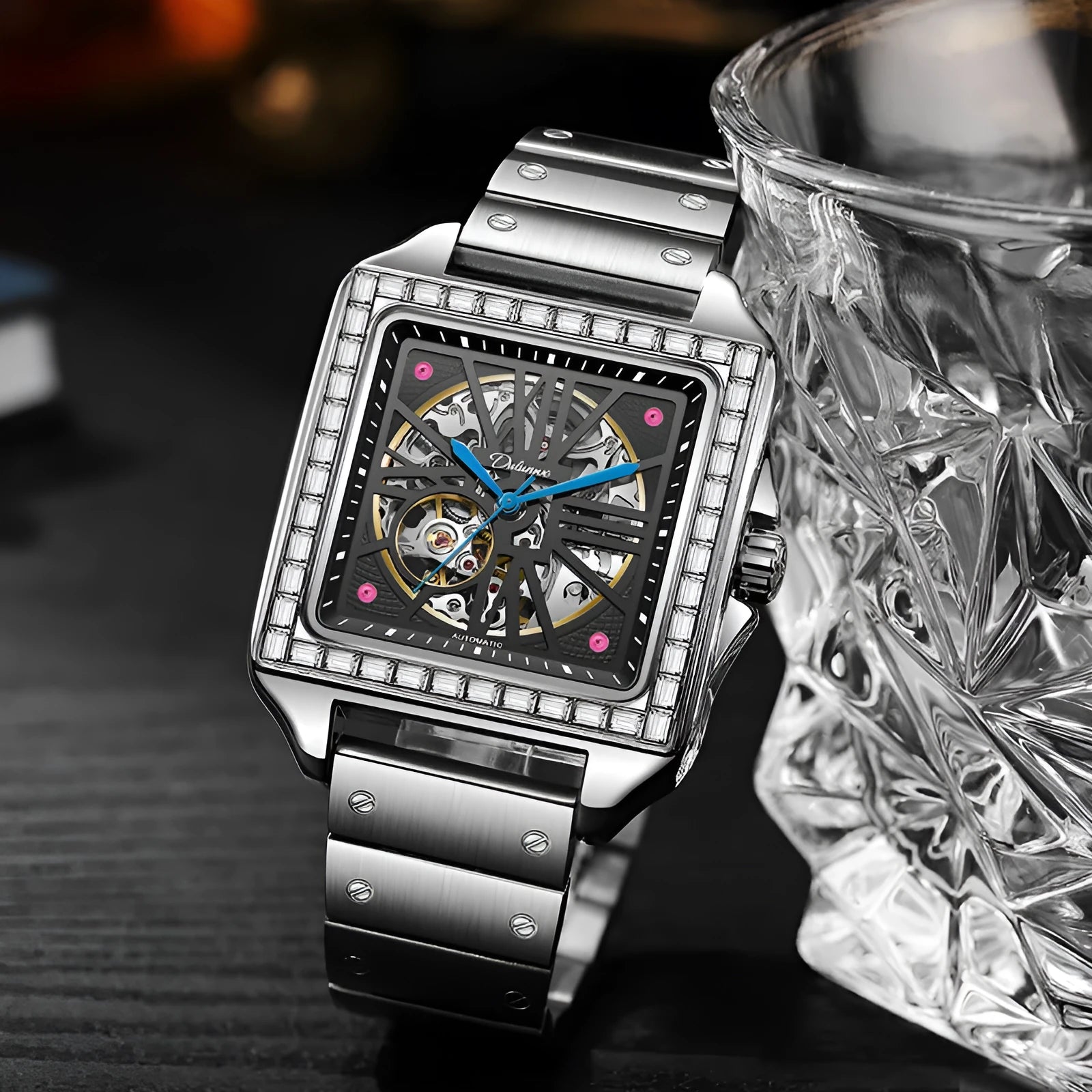 Men's square automatic watch with diamond-studded bezel on a black leather strap