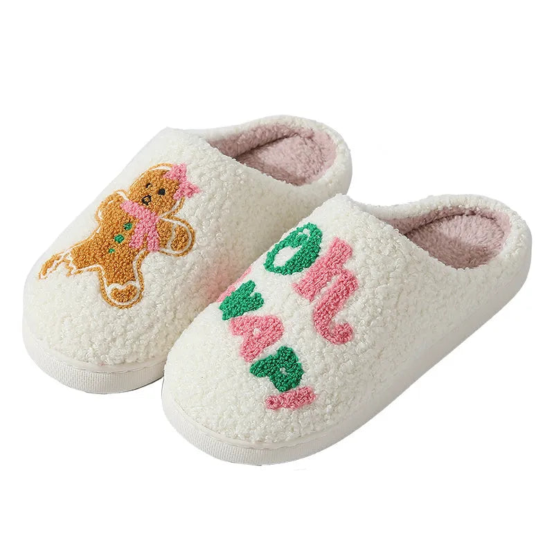 Plush cartoon gingerbread man winter cotton slippers in British Bear colour for indoor wear
