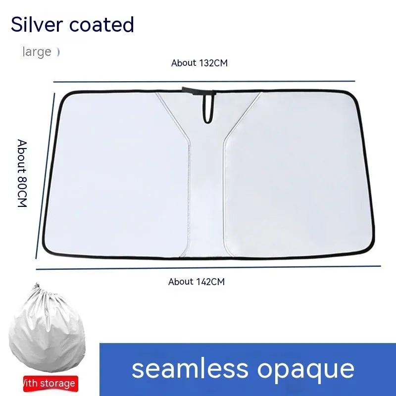 Car front sun shield made of NC fabric with a titanium silver reflective coating, shown rolled up.