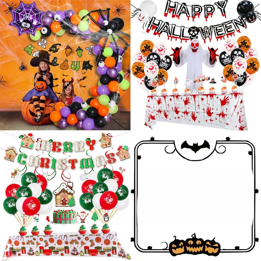 Halloween balloon combo set showing skull and pumpkin designs in white and black with spider arch arrangement