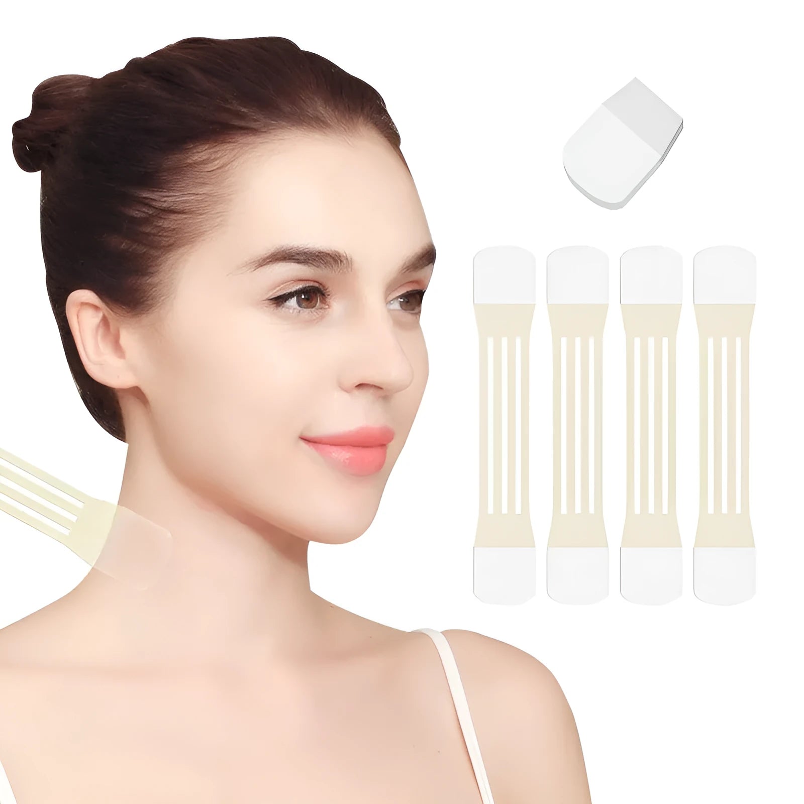 V27 skin tone neck pattern lifting sling with 20 firming adhesive patches on white background