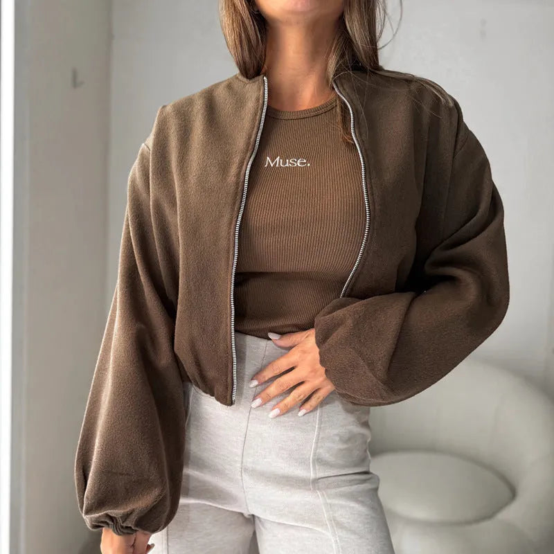 Women's off-shoulder short coat with lantern sleeves in milky white or brown colours