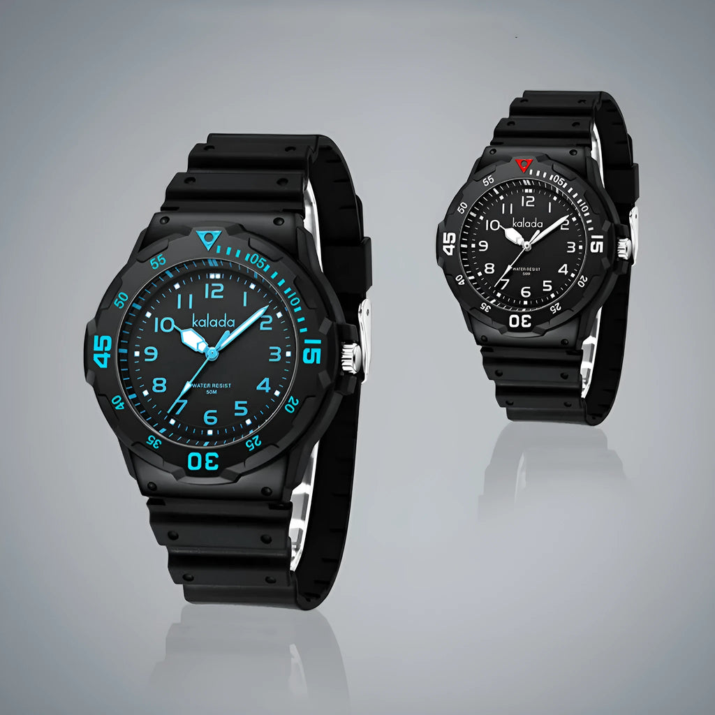 Men's sports luminous pointer quartz watch in black and green with date and week calendar display