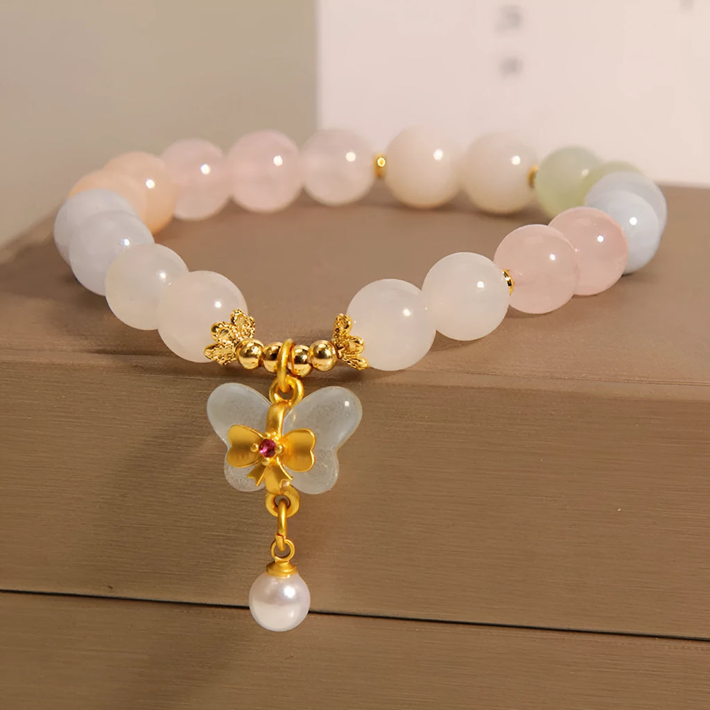 Candy colour natural morganite crystal bracelet with butterfly pendant for women