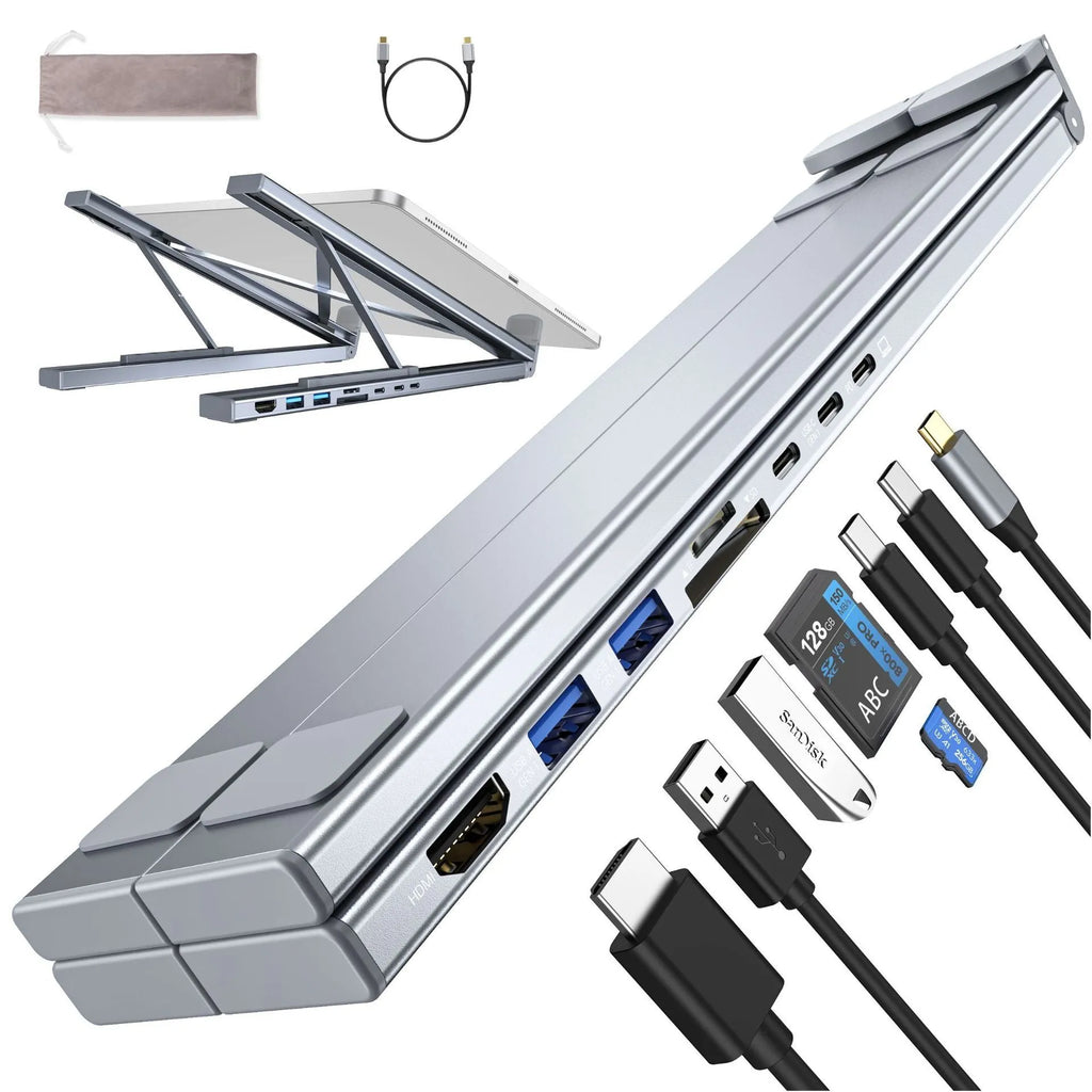 Aluminium folding laptop stand with built-in 8-in-1 docking station hub and HDMI port