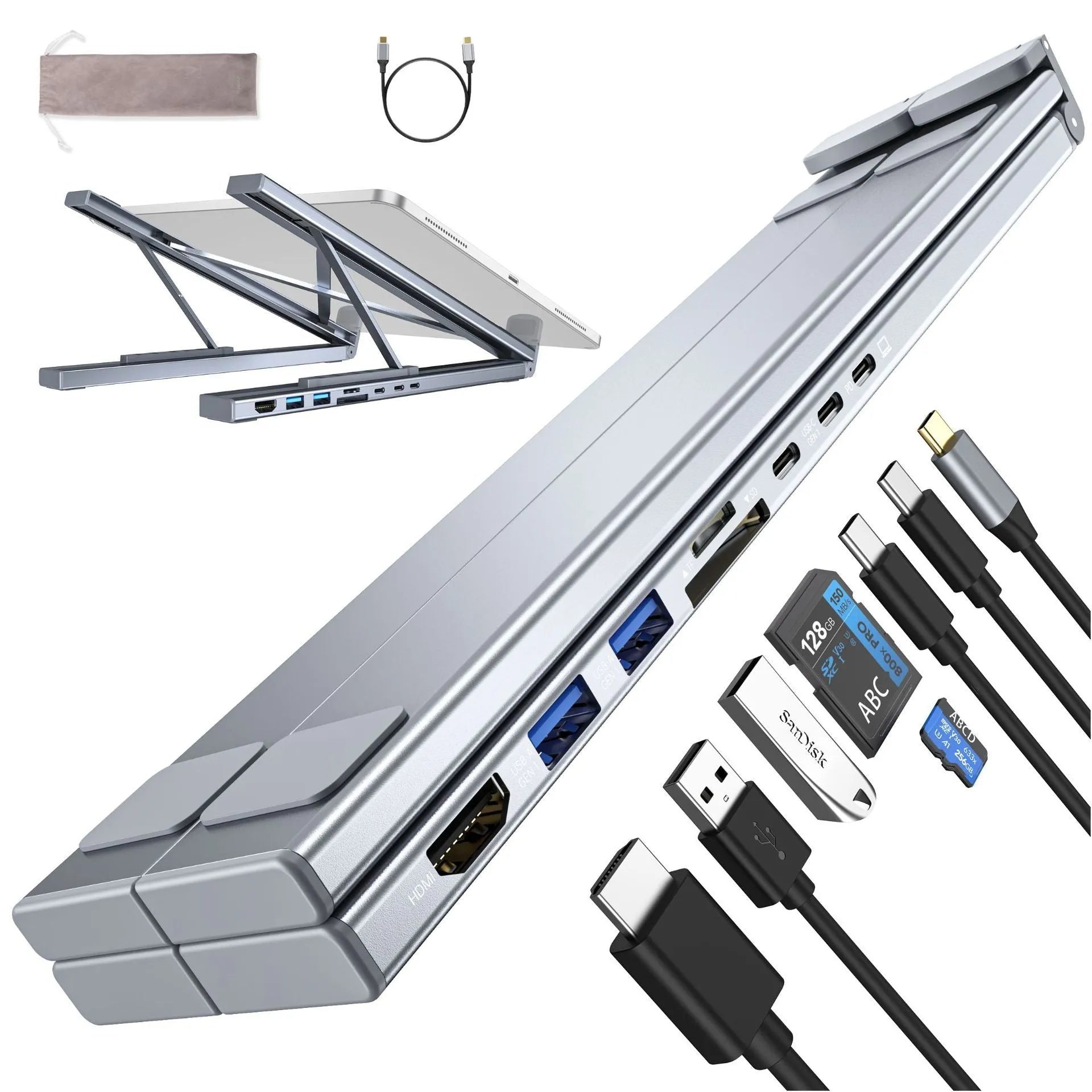 Aluminium folding laptop stand with built-in 8-in-1 docking station hub and HDMI port