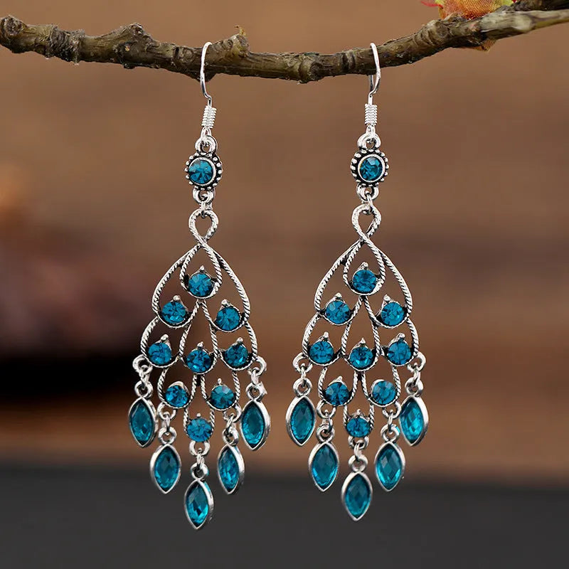Purple crystal fringe drop earrings with retro court styling and alloy construction