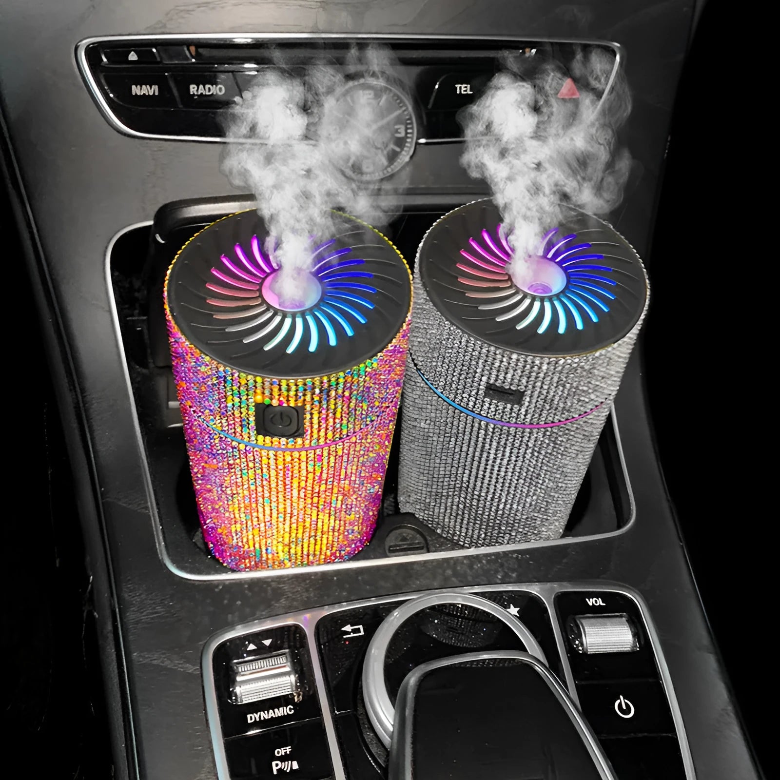 Car-mounted air purification humidifier with USB cable in choice of seven colours including black, blue, green, pink, red, and white