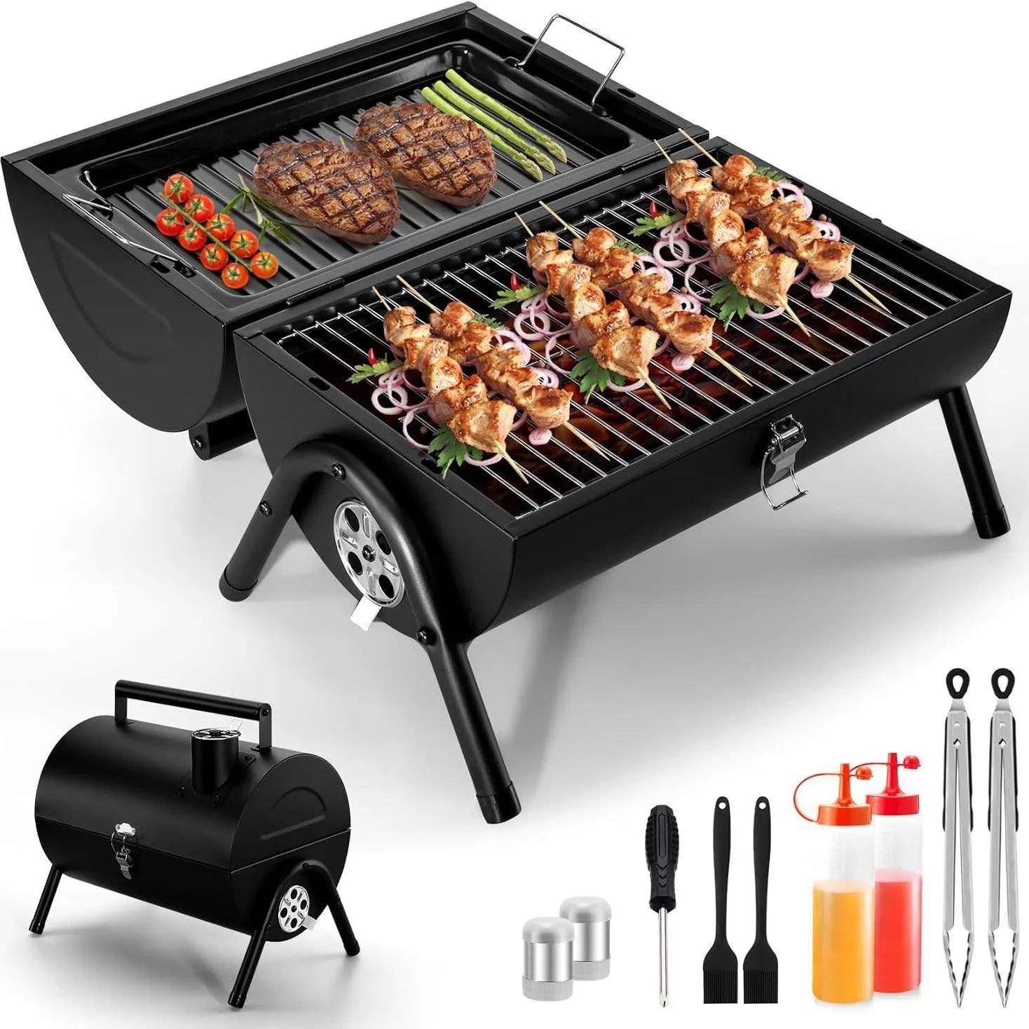 Small metal folding desktop barbecue grill with charcoal fuel bed.