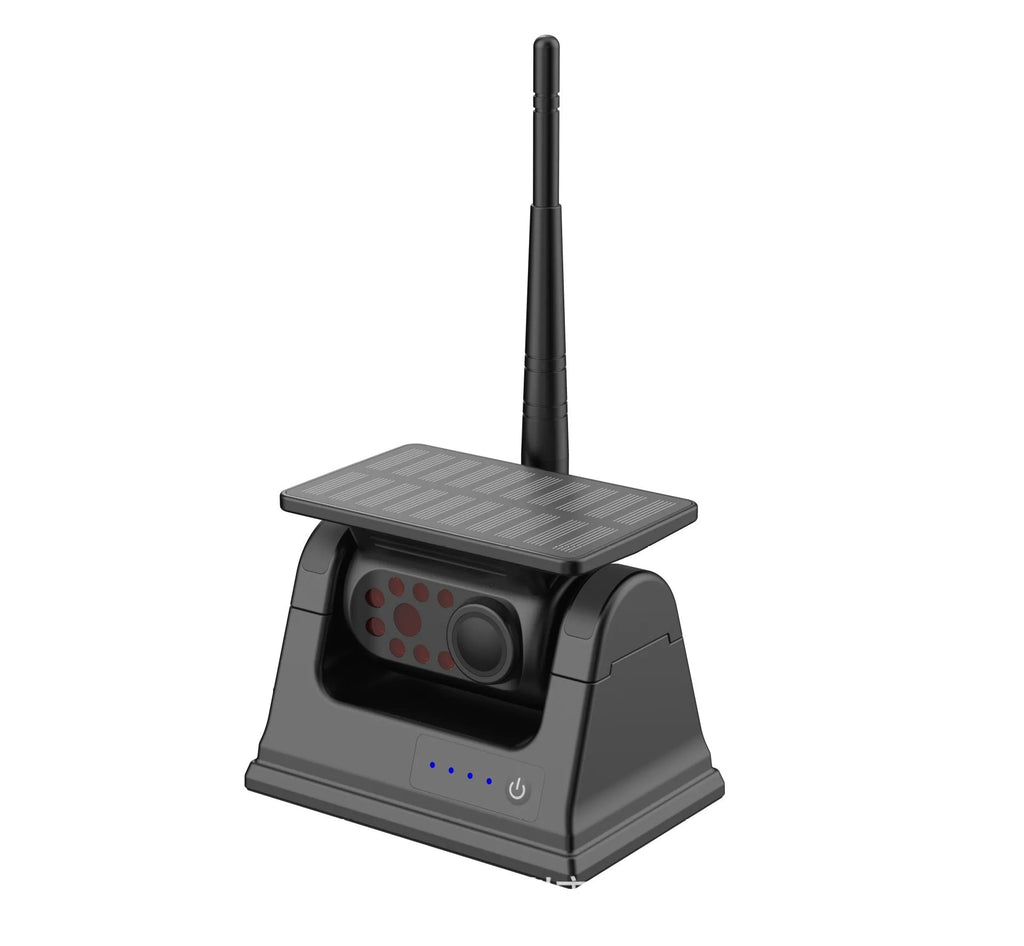 Black solar-powered wireless vehicle camera with aluminium alloy shell and a magnet base for mounting.