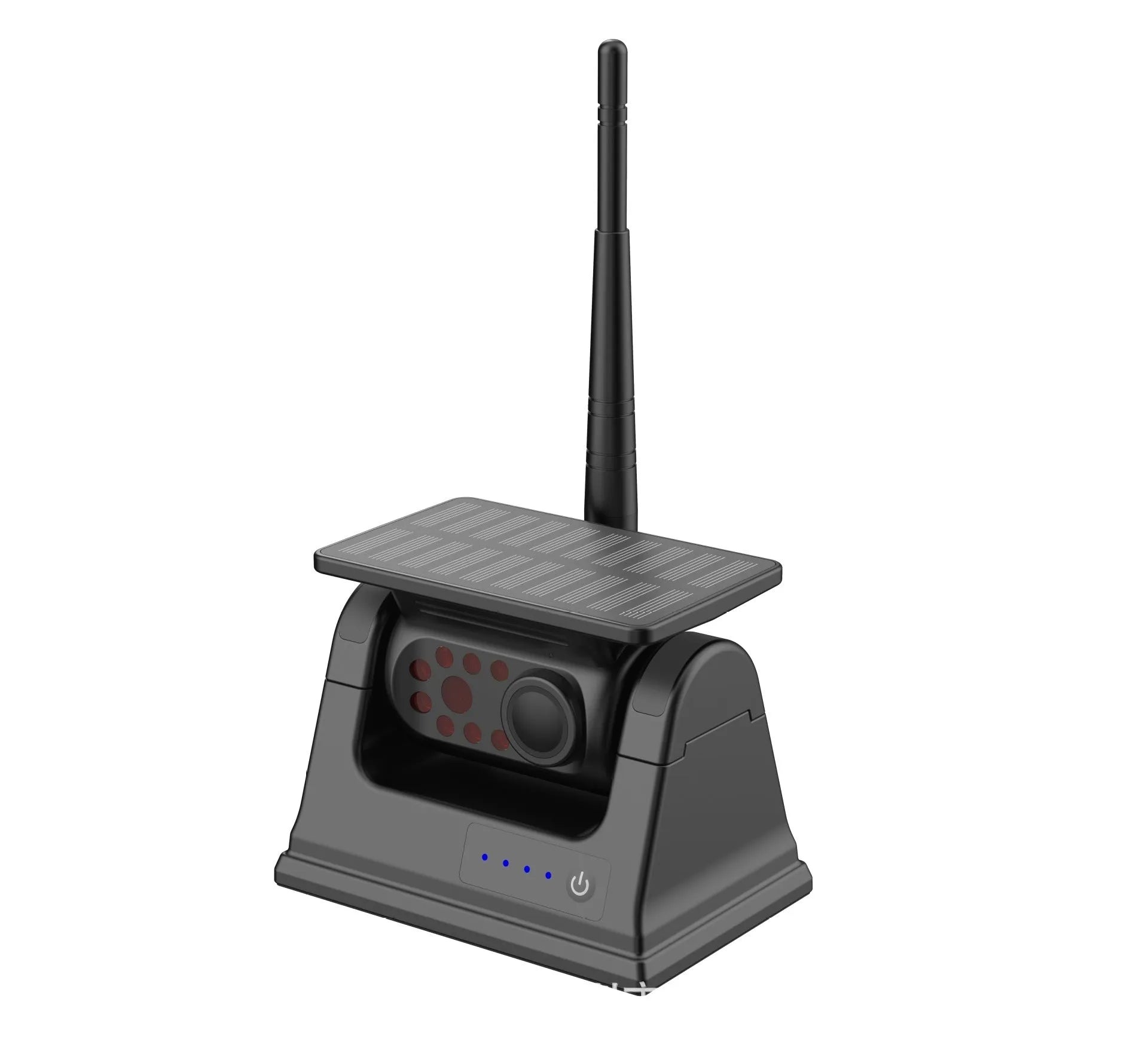 Black solar-powered wireless vehicle camera with aluminium alloy shell and a magnet base for mounting.