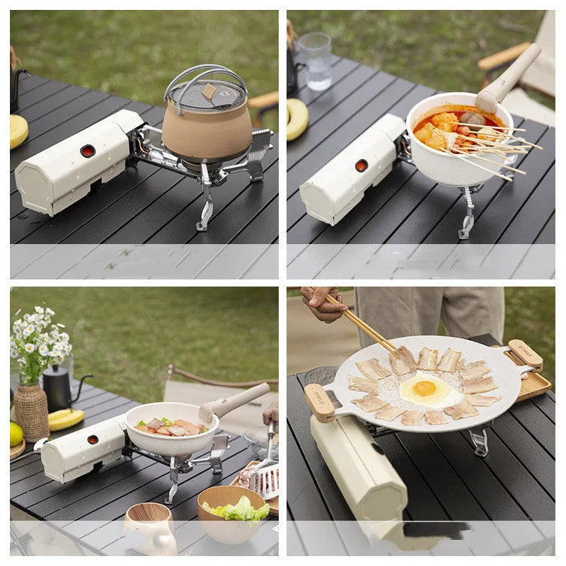 Portable folding camping gas stove with 2.6 kW burner and carry bag in green