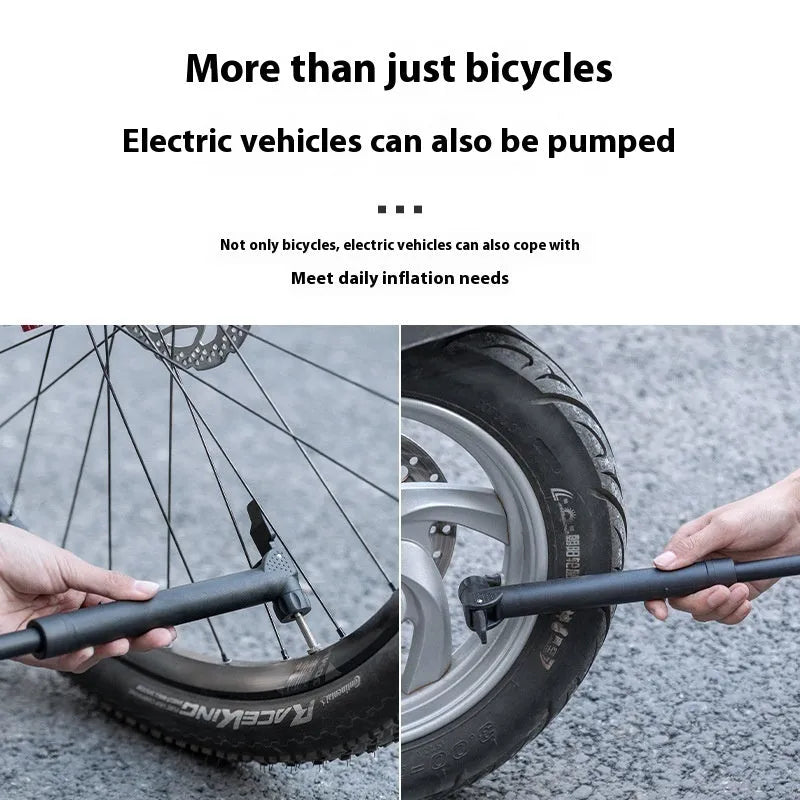 Black plastic portable mini bicycle tyre inflator with dual American and French valve compatibility