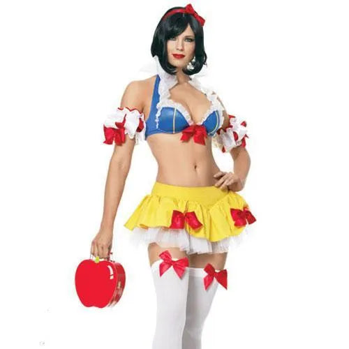 Anime Halloween Snow White costume set with headwear, top, short skirt, and hand sleeves in cotton blend fabric
