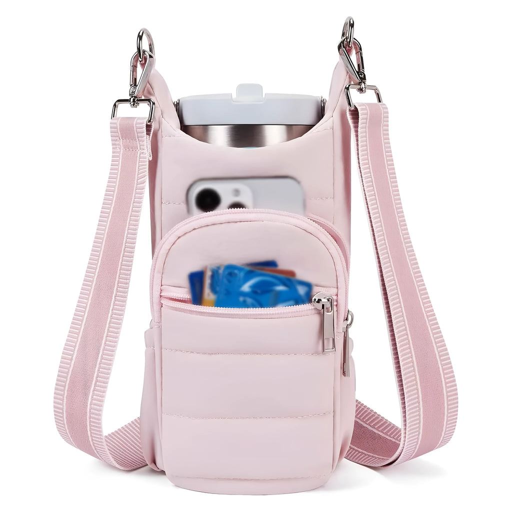 Cloth bicycle water bottle bag in black, pink, and beige for cycling hydration storage