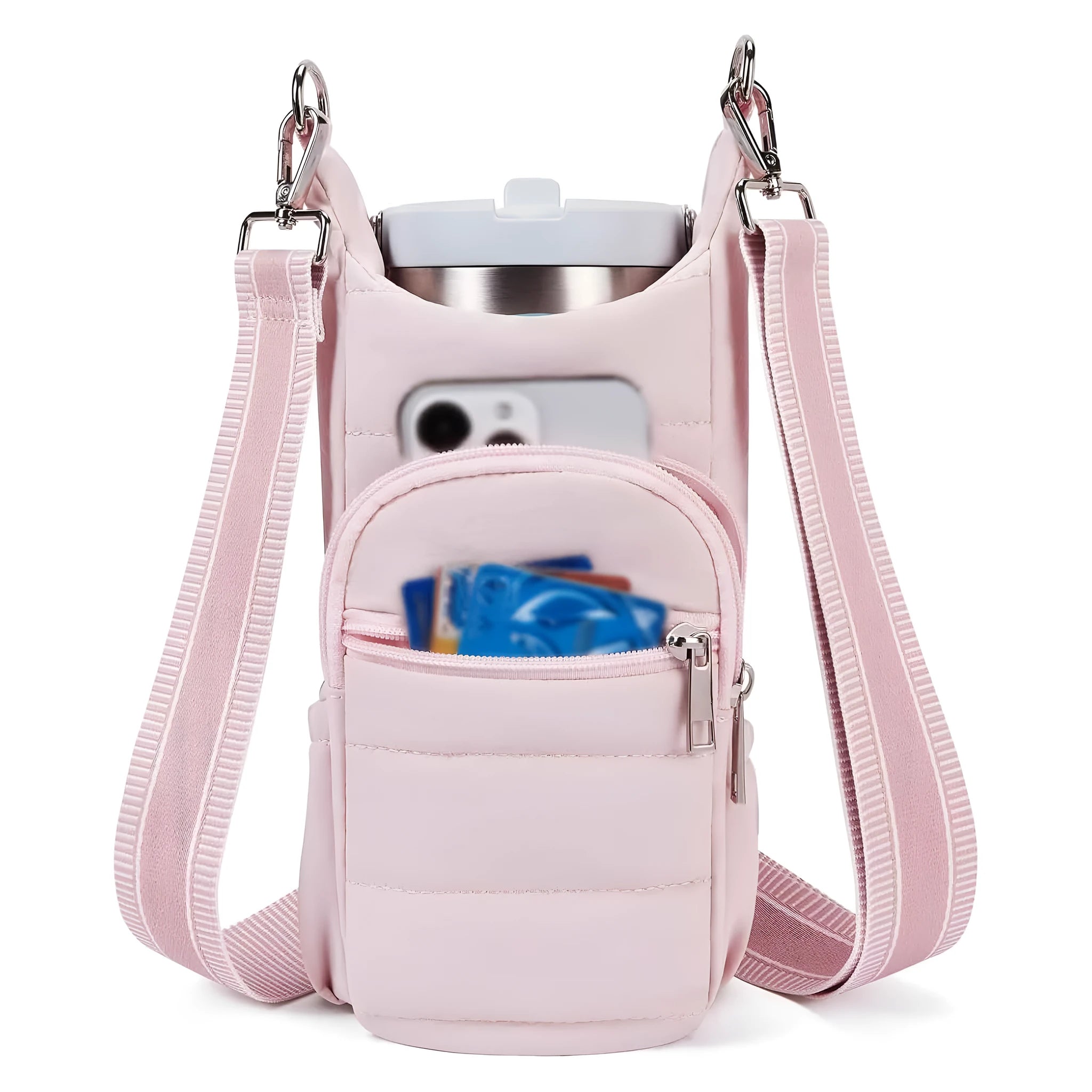 Cloth bicycle water bottle bag in black, pink, and beige for cycling hydration storage