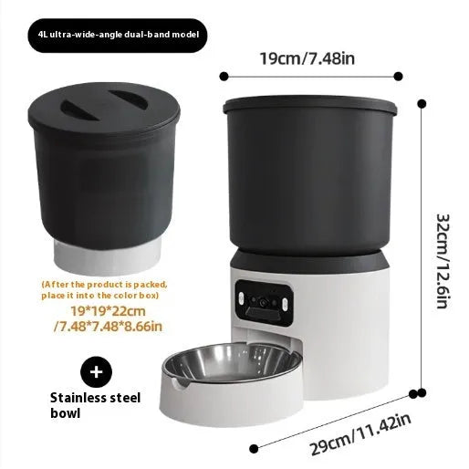 4L smart pet feeder with Wi-Fi and optional camera on a kitchen floor