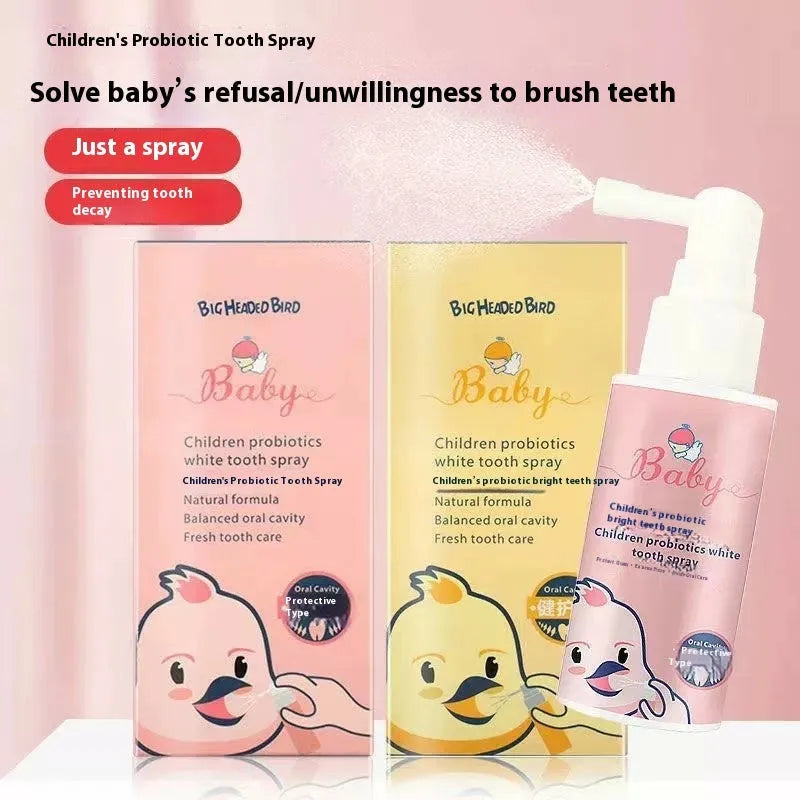 Children's probiotic oral spray bottle for teeth cleaning in strawberry and orange flavours