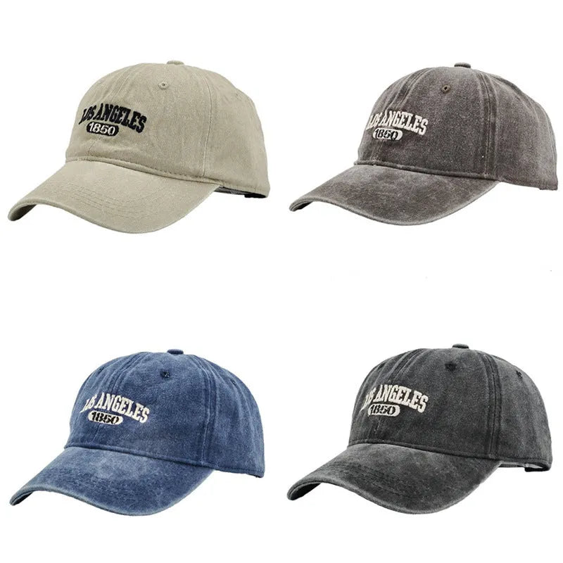 Adjustable peak cap with embroidered letters in distressed retro style, showing conical crown and 7cm brim