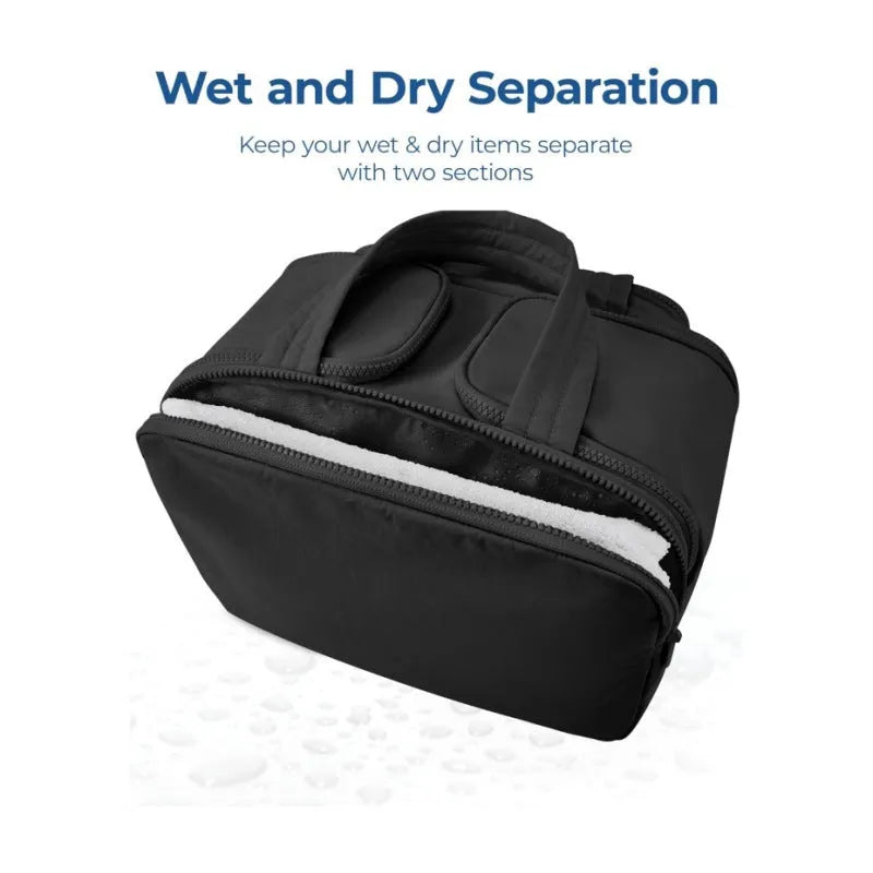 Large open travel toiletry bag in polyester fabric showing interior pocket and zip closure.