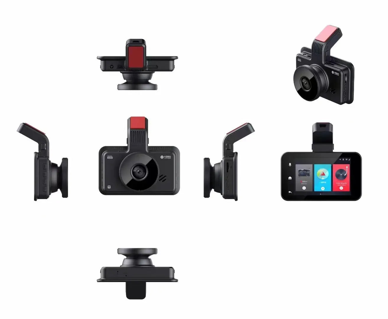 3-inch car DVR with dual lens recording system showing front unit and separate camera for rear recording