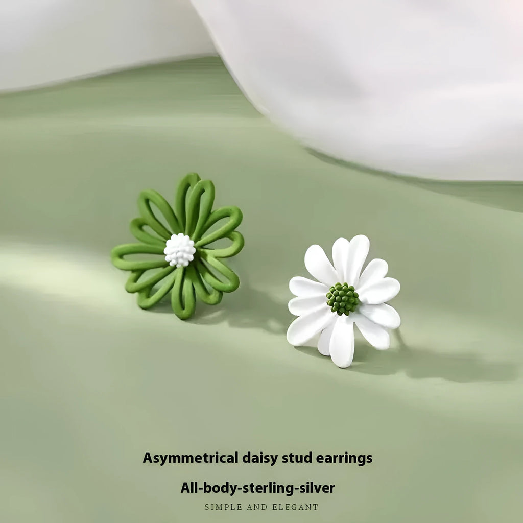 Cartoon-style flower alloy earrings in blue and orange, white and green, and yellow and white two-tone colour options