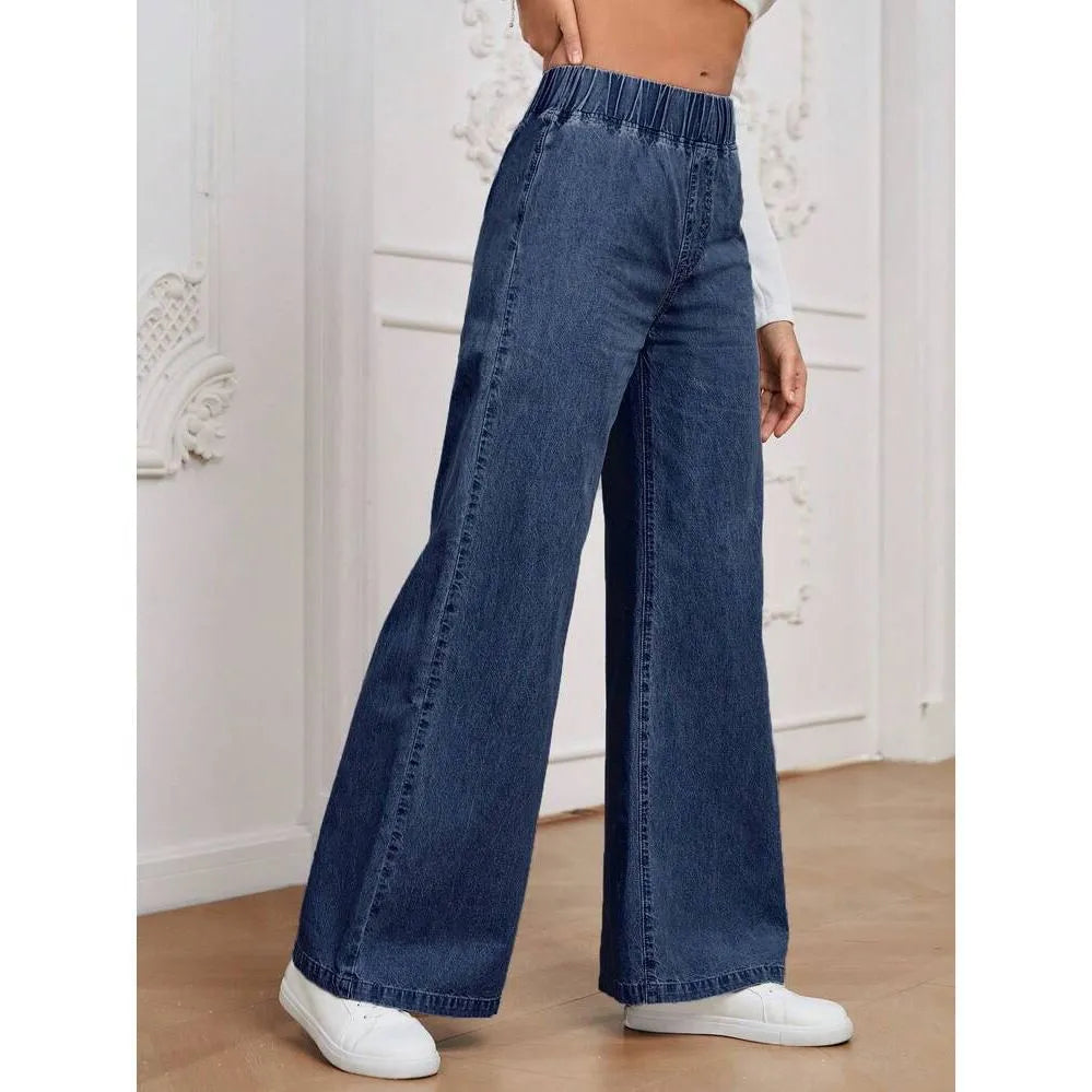 Light blue washed wide-leg jeans showing straight cut and mid waist design