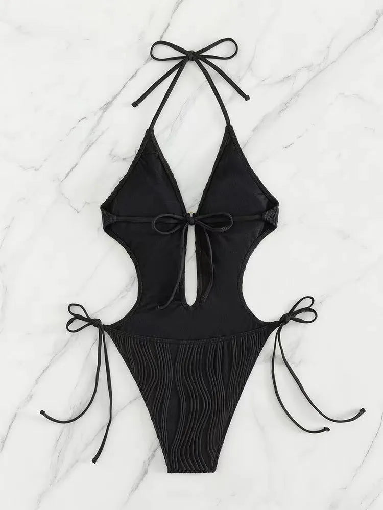 Women's lace up triangle bikini one-piece swimsuit in solid colour with adjustable front tie