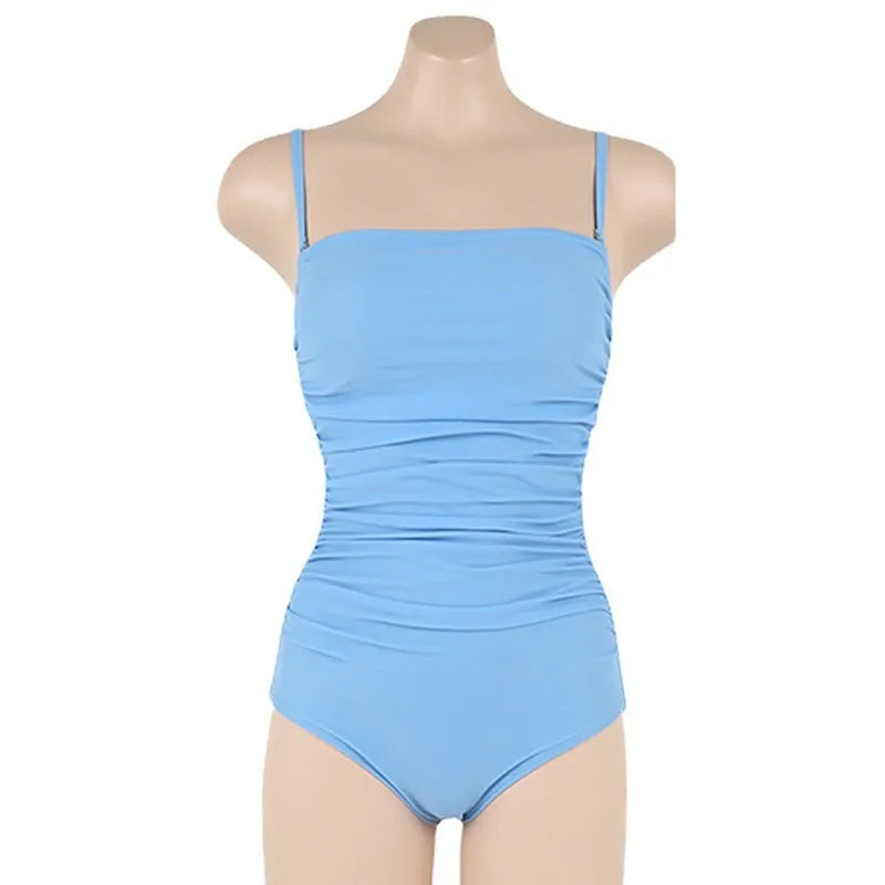 Blue sling style one-piece swimsuit with belly pleats on a mannequin